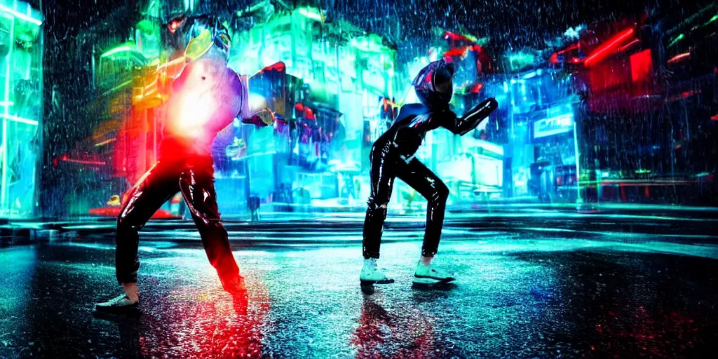 Prompt: cinematic slow motion camera wide angle of slow motion film still of futuristic break dancer wearing latex with neon lights, long exposure shot , motion blur, at night in the middle of a rainy and foggy surreal streer, paddle of water, water splashes, rim lights, glossy reflections, water droplets on lens, octane render, depth of field, detailed and soft, by laurie greasley