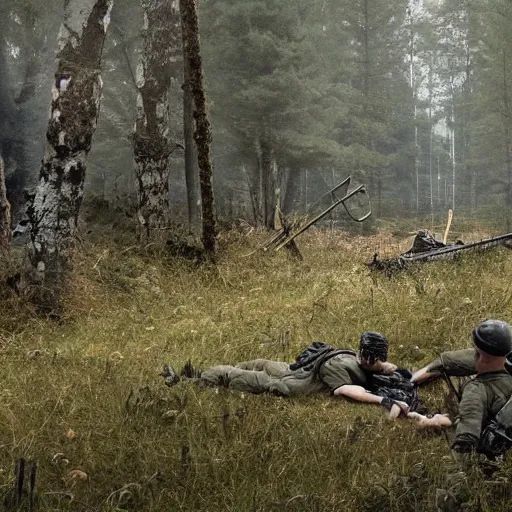 Image similar to ww 2 battlefield encounter in the woods