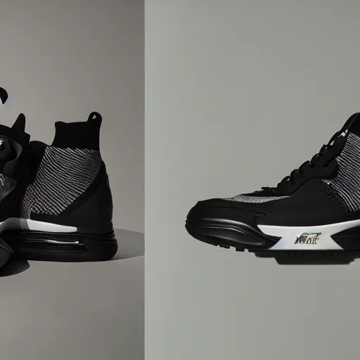 Image similar to a studio photoshoot of a Nike Air x Acronym hight top ACG sneaker collab designed by Errolson Hugh, air technology, knitted mesh material, realistic, color film photography by Tlyer Mitchell, 35 mm, graflex