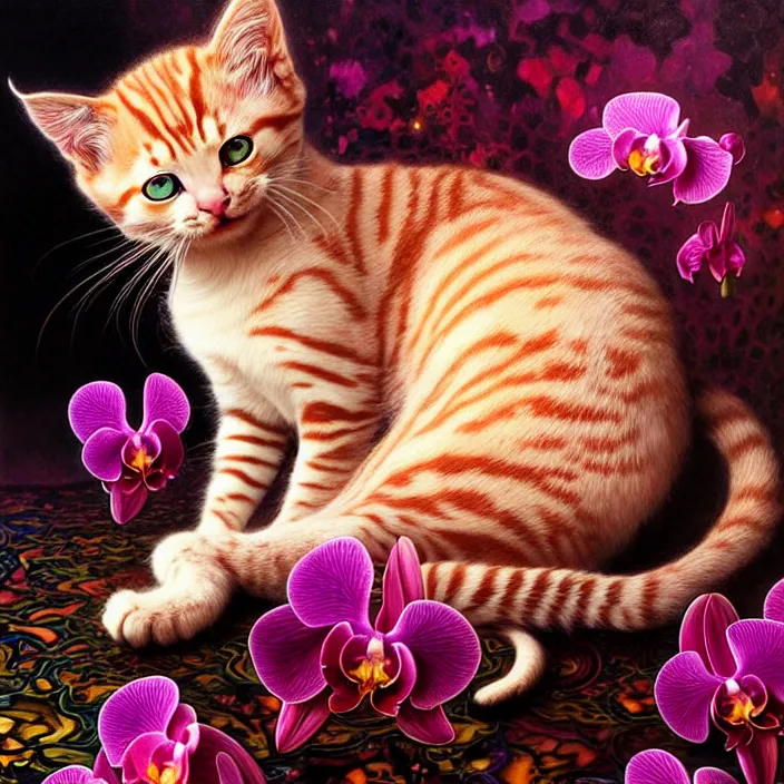 Image similar to psychedelic kitten made of orchid, diffuse lighting, fantasy, intricate, elegant, highly detailed, lifelike, photorealistic, digital painting, artstation, illustration, concept art, smooth, sharp focus, art by John Collier and Albert Aublet and Krenz Cushart and Artem Demura and Alphonse Mucha