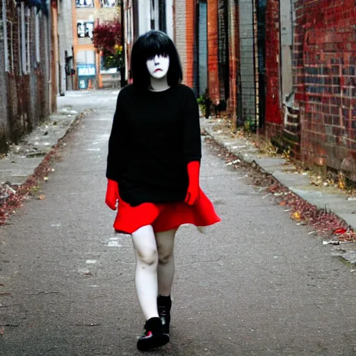 Prompt: a pale emo girl, messy black / red hair, british street background, flickr, 2 0 0 6