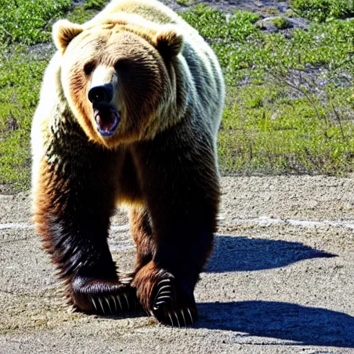 Prompt: a ferocious grizzly bear. The bear is wearing shorts on his legs!