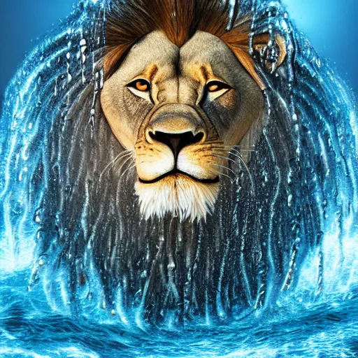 Image similar to a male lion's face breaching through a wall of water, headshot, water sprites, splashing, deep blue ocean, highly detailed, realistic digital art, trending on artstation