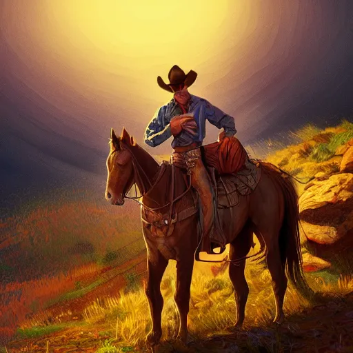 Prompt: cowboy on a hill, colorful, dramatic lighting, detailed, intricate, elegant, highly detailed, digital painting, artstation, concept art, smooth, sharp focus, illustration