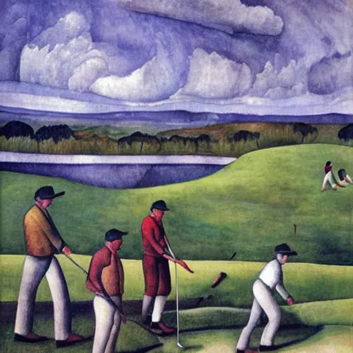 Image similar to Three golfers on a beautiful golf course, by Diego Rivera