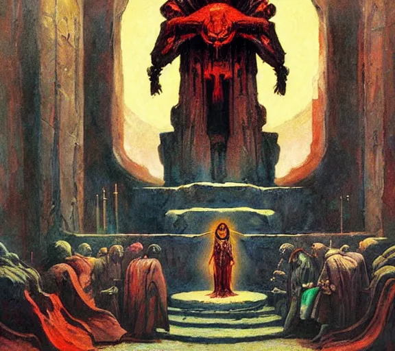 Image similar to robed cyberpunk cultist worshipping at an altar of an ancient god by frank frazetta and bosch, colorful digital art, serious painting, very detailed