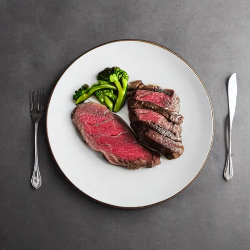 Image similar to steak dinner, large square white plate, vegetables, 4 k