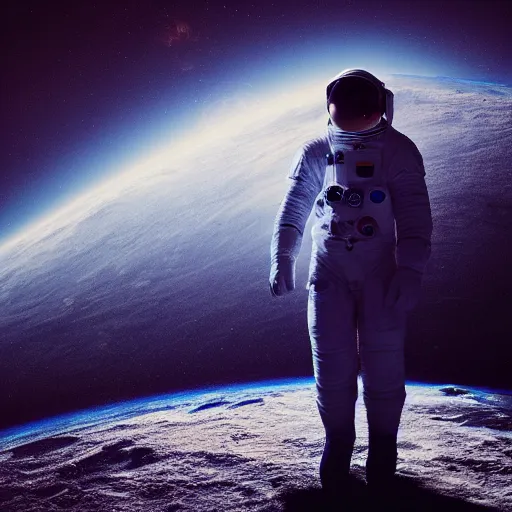 Prompt: photograph of an astronaut against the pitch black darkness of space, nothing behind, full body photo, amazing light and shadow contrast,, 8 k