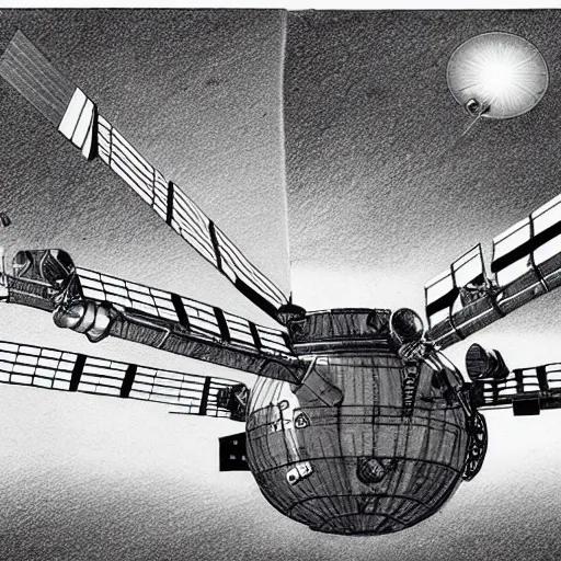 Image similar to a highly detailed graphite sketch of the international space station, with the sun reflecting off of it's windows, various refining methods