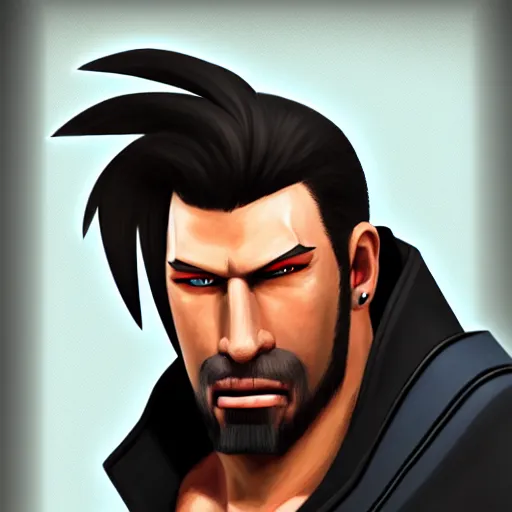 Image similar to portrait painting of Barret Wallace from FFVII as Overwatch character, medium shot, asymmetrical, profile picture, Organic Painting, sunny day, Matte Painting, bold shapes, hard edges, street art, trending on artstation
