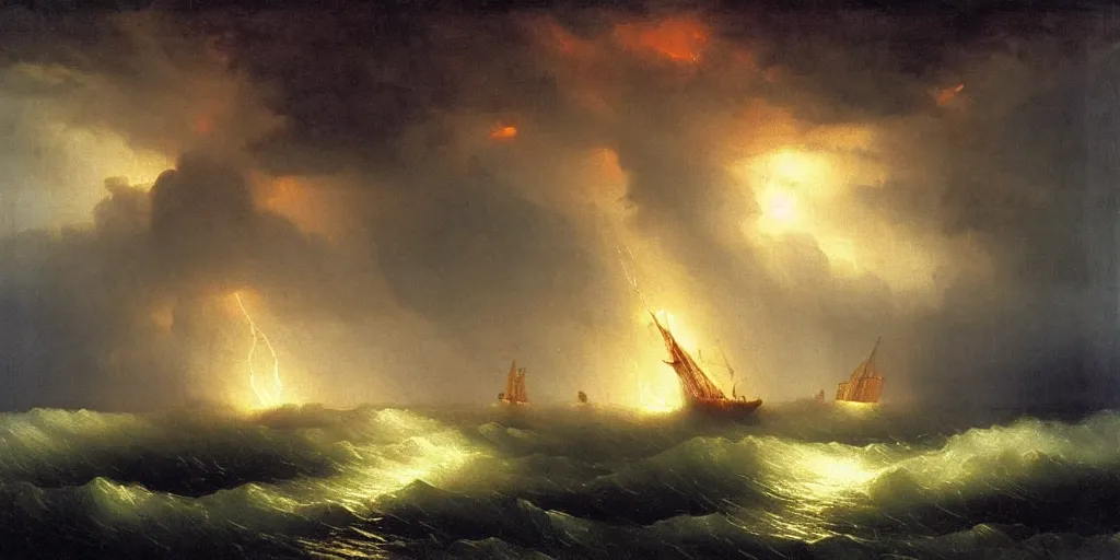 Prompt: Noah's Ark in a violent storm lightning by Ivan Aivazovsky