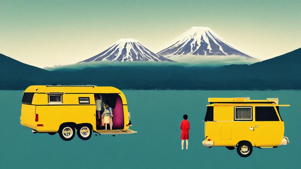 Image similar to a scene of two travellers and their camper touring at the edge of yamanaka lake, reflecting mount fuji, japan, a collage painting, in the style of wes anderson, lola dupre, david hockney, isolated on negative white space background dark monochrome neon spraypaint accents volumetric octane render