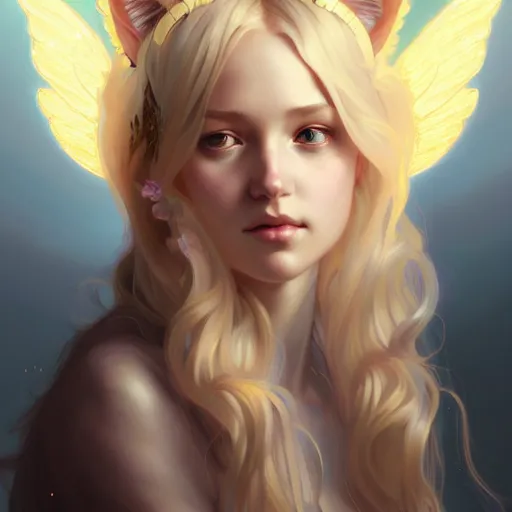 Image similar to Portrait of a girl angel with blonde hair, cat ears, glowing halo, wings, fantasy, intricate, elegant, highly detailed, digital painting, artstation, concept art, smooth, sharp focus, illustration, art by Krenz Cushart and Artem Demura and alphonse mucha