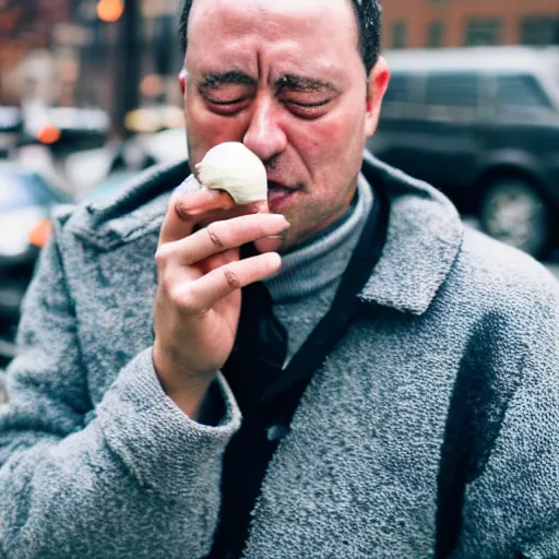 Prompt: photograph of a crying man holding a tiny small ball of ice cream in nyc.