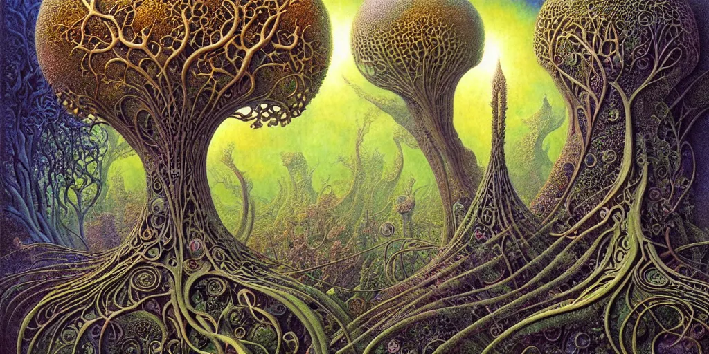 Image similar to tree of life by roger dean and andrew ferez, art forms of nature by ernst haeckel, divine chaos engine, symbolist, visionary, art nouveau, botanical fractal structures, organic, detailed, realistic, surreality