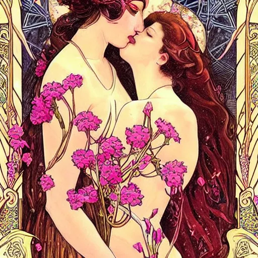 Prompt: epic portrait of the most beautiful women holding each other, surrounded by soft florals, concept art, art nouveau style, tarot card, high detail, realistic anatomy, beautiful