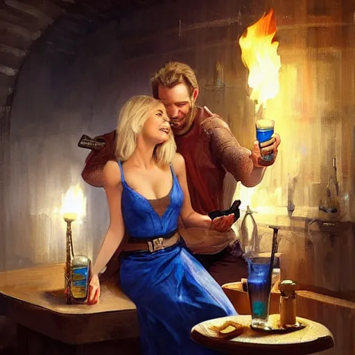 Image similar to blonde woman and Jango Fett drinking beer in a cellar, romantic, cozy, inviting, love, torches, painting by Vladimir Volegov