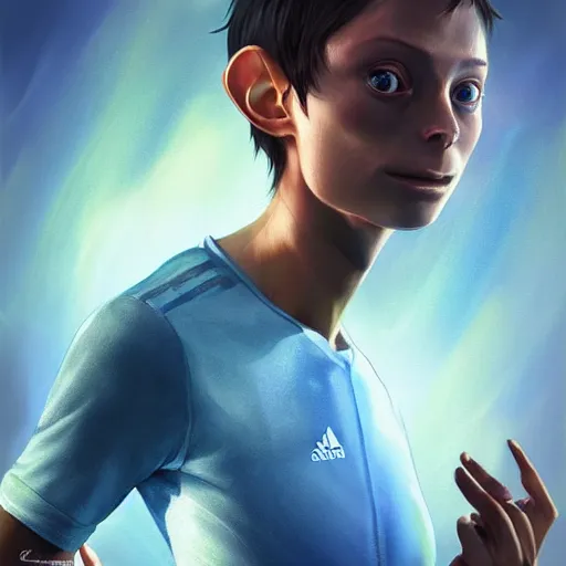 Image similar to beautiful portrait of an insanely gorgeous Gollum with blue eyes, brown hair and a perfect body, adidas tracksuit, character design by charlie bowater, ross tran, artgerm, and makoto shinkai, detailed, soft lighting, rendered in octane