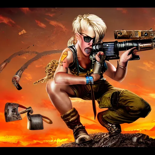 Prompt: tank girl, ultra highly detailed, fine art, action pose, wild eyes, big hammer, 4 k