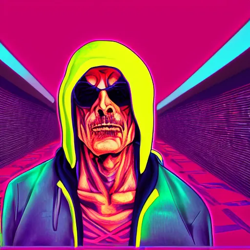 Image similar to skeletor christopher lloyd in hoodie, portrait, vaporwave, synthwave, neon, vector graphics, cinematic, volumetric lighting, f 8 aperture, cinematic eastman 5 3 8 4 film