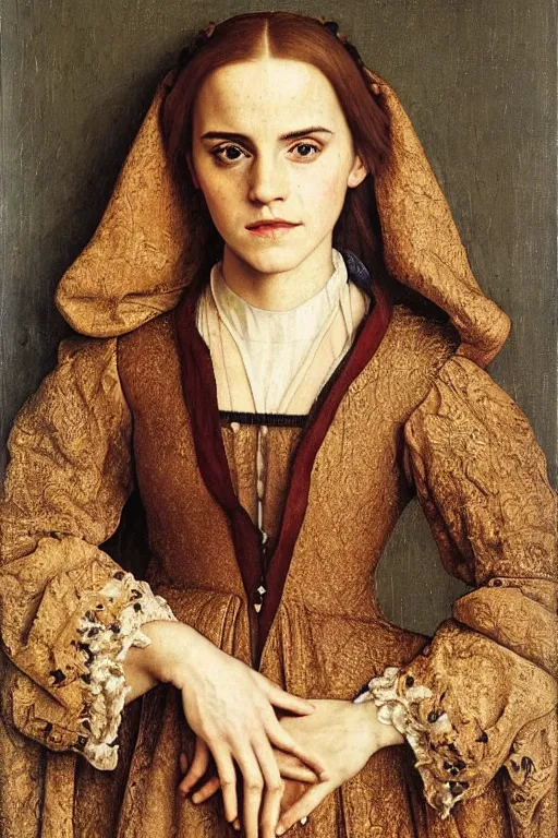 Prompt: portrait of emma watson, oil painting by jan van eyck, by hans holbein, northern renaissance art, old masters, alla prima, realistic, expressive emotions, intricate textures, illusionistic detail