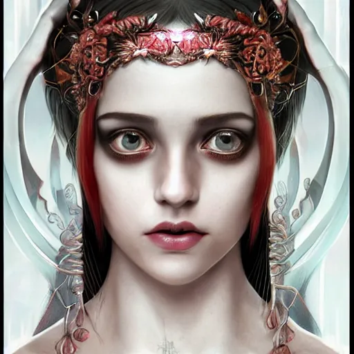 Image similar to symmetrical portrait of a beautiful dead princess female 4K symmetrical portrait, magical,fantasy , final fantasy, whole body, hyperrealism, cyberpunk, concept art, realistic, highly detailed, Featured on Artstation, cgsociety, Behance, Tom Bagshaw, Ross Tran, Japan Taiwan ,Soft lighting, attractive, highly detailed. intricate details. trending on artbreeder | zdzislaw beksinski. dariusz zawadzki. Michael Hutter. Peter Mohrbacher. Alfons Mucha. artstation