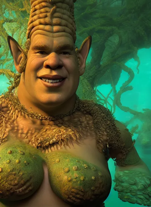 Image similar to underwater portrait of shrek as the naga queen, naturel, hyper detailed, digital art, trending in artstation, cinematic lighting, studio quality, smooth render, unreal engine 5 rendered, octane rendered, art style by klimt and nixeu and ian sprigger and wlop and krenz cushart.