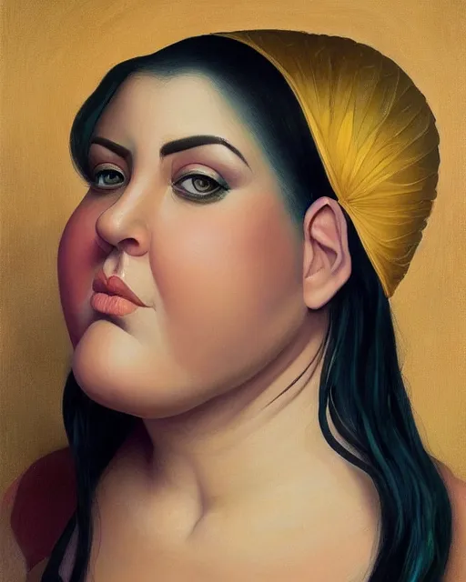 Prompt: waist - up portrait of a gorgeous woman, obese, muscular. oil on canvas, black oil bath, fantasy aesthetic. beautiful face!!! in the style of android jones, froud, heade, yoann lossel.
