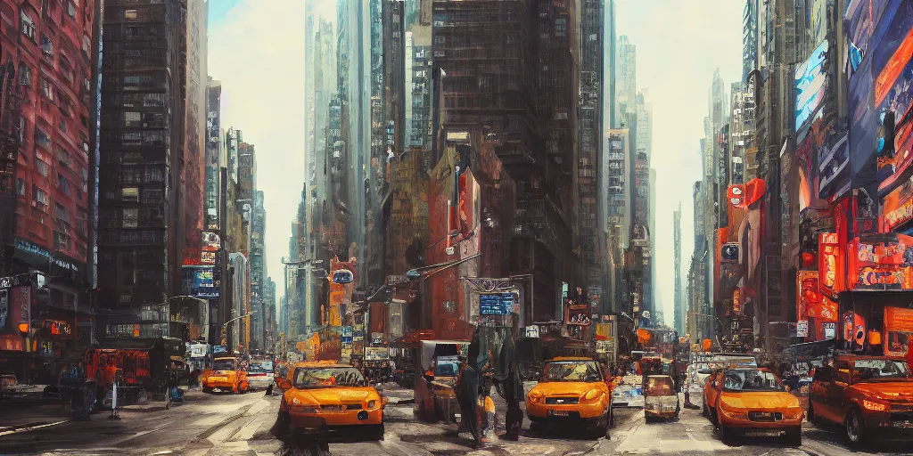 Image similar to New york city, street view, cinematic angle, studio Ghibli, cinematic lighting, detailed oil painting, hyperrealistic, 8k