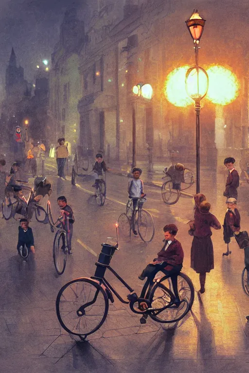 Image similar to schoolchildren go for distillation on flying bicycles, driving at the red light of the traffic light, through the streets of moscow of the future, highly detailed, artstation, illustration, jurgens, rutkowski, bouguereau, canon eos r 3