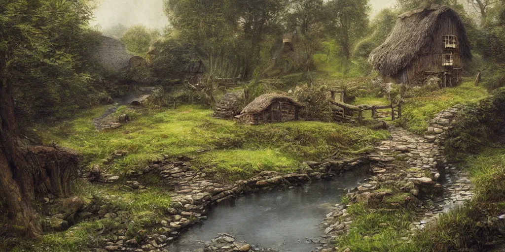 Prompt: a small surreal serene fantasy village on the edge of the woods, small stream, water wheel, by alan lee, lord of the rings, smooth, detailed terrain, oil painting, matte painting, concept art, trending on artstation