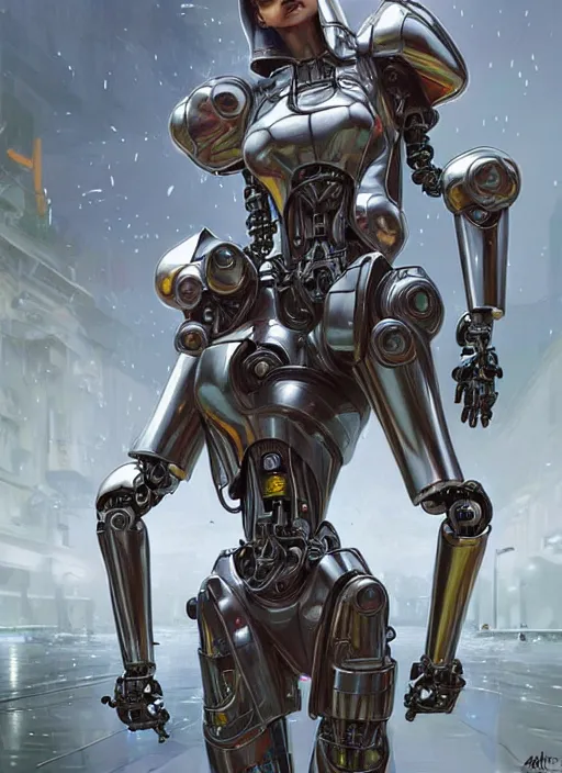 Image similar to robotic police in hood smashing people, d & d, wet, shiny, fantasy, intricate, elegant, extremely higly detailed, ultra definition, digital painting, artstation, anatomical perfect, baroque, full body perfect, concept art, smooth, sharp focus, illustration, art by artgerm and greg rutkowski and alphonse mucha