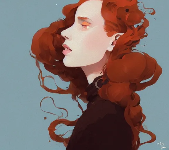 Prompt: portrait woman with long ginger curly hair, by atey ghailan, by greg rutkowski, by greg tocchini, by james gilleard, by joe fenton, by kaethe butcher, by ashley wood, dynamic lighting, gradient light blue, brown, blonde cream and white color scheme, grunge aesthetic