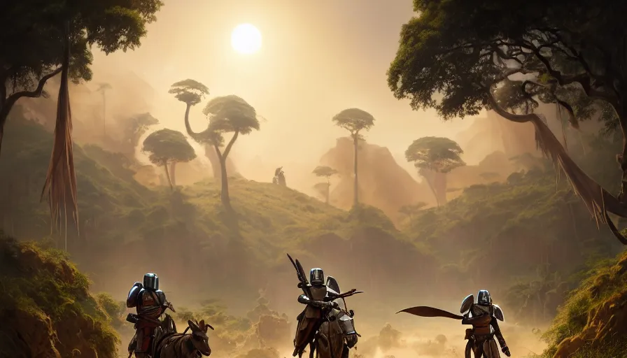 Image similar to mandalorian driving through madagascar with baobabs trees, tribe members chasing for an attach, action scene, an epic fantasy, artgerm and greg rutkowski and alphonse mucha, an epic fantasy, volumetric light, detailed, establishing shot, an epic fantasy, cinematic, photorealistic, ultrarealistic, trending on art station, octane render, midsommar