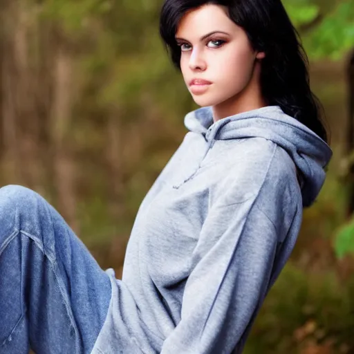 Prompt: raven haired seductive supermodel with stunning light eyes with a beautiful face, fair soft skin, wearing a hoodie