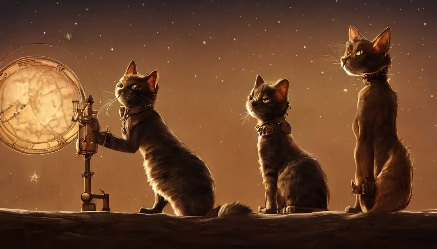 Prompt: steampunk cat and steampunk dog looking at the stars at night, stardusts, back view, hyperdetailed, artstation, cgsociety, 8 k