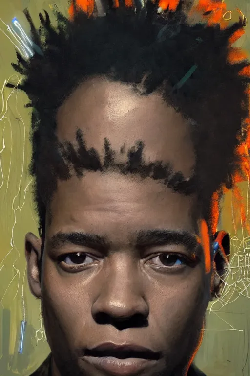 Image similar to portrait of jean basquiat, staring directly into camera, intricate, elegant, glowing lights, highly detailed, digital painting, artstation, sharp focus, illustration, art by wlop, mars ravelo and greg rutkowski