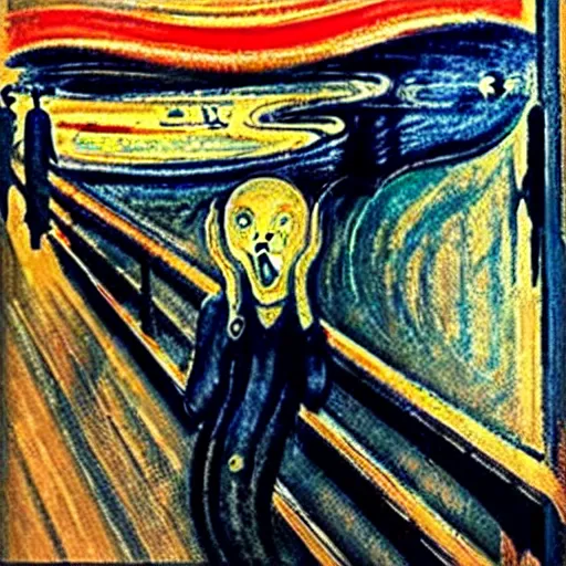 Image similar to the scream with a hat and raining on top of a hill