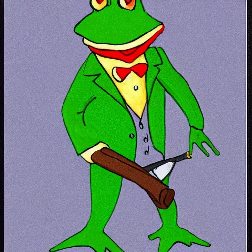 Image similar to a frog 🐸 wearing a suit smoking a cigar