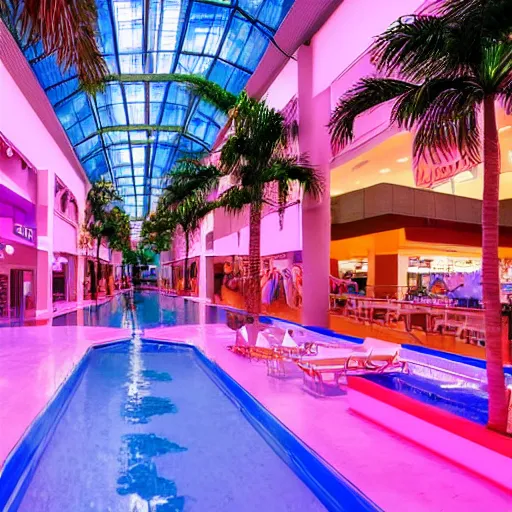 Image similar to an indoor mall with palm trees and pools, pink and blue lighting, everything floats in space