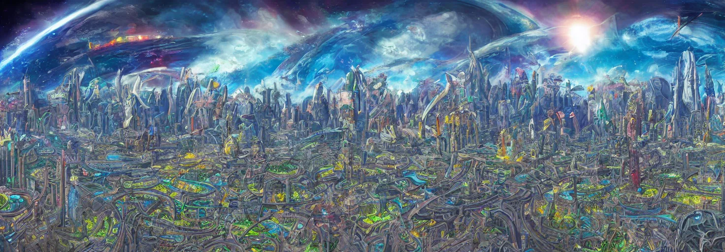 Image similar to beautiful landscape mural of a great advanced futuristic city in an alien planet, futuristic landscape, vivid colors, intricate, highly detailed, masterful, fantasy world, in the style of moebius, akira toriyama, jean giraud, 8 k, crystal clear illustration,