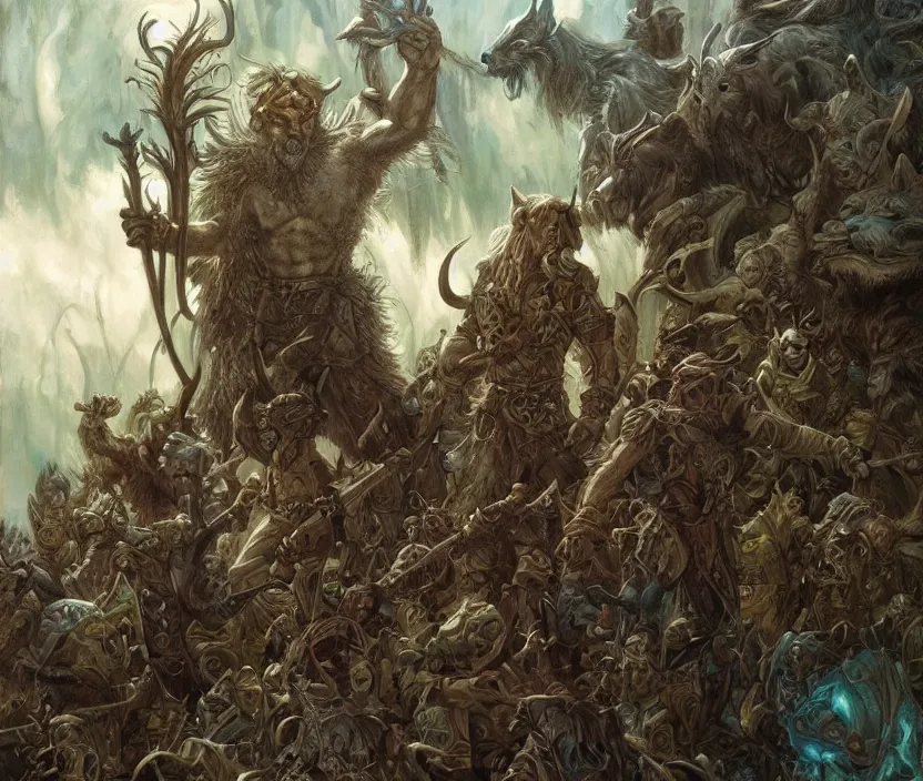Image similar to beautiful epic fantasy D&D art, a satyr, a goblin, a dwarf, an elf, and a wolf. epic art by Donato Giancola and James Gurney, digital art, trending on artstation