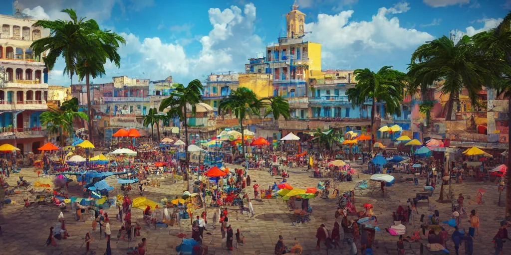 Prompt: cuba city square, cuban jazz, colorful, contrast, depth of field, 3 d scene, render, greg rutkowski, zabrocki, karlkka, jayison devadas, trending on artstation, 8 k, ultra wide angle, zenith view, pincushion lens effect