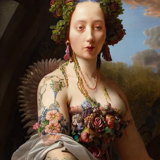 Prompt: ultra detailed, 4 k portrait of a tattooed woman in baroque dress, fully dressed by rachel ruysch