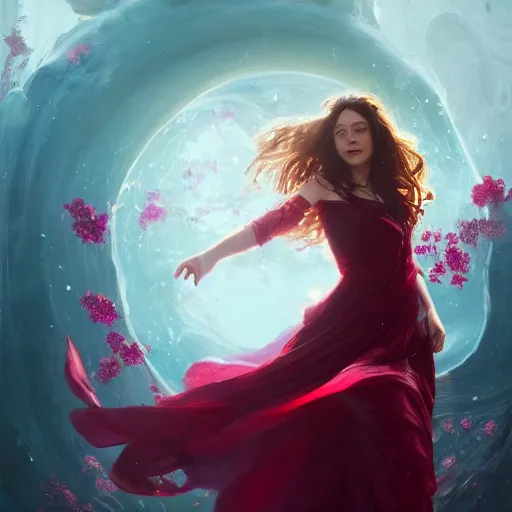 Image similar to scarlet witch in a swirling sundress of flowers, floral explosion, radiant light, vortex of plum petals, oil painting, Tooth Wu, Greg Rutkowski, RPG portrait, dynamic lighting, fantasy art, High contrast, depth of field