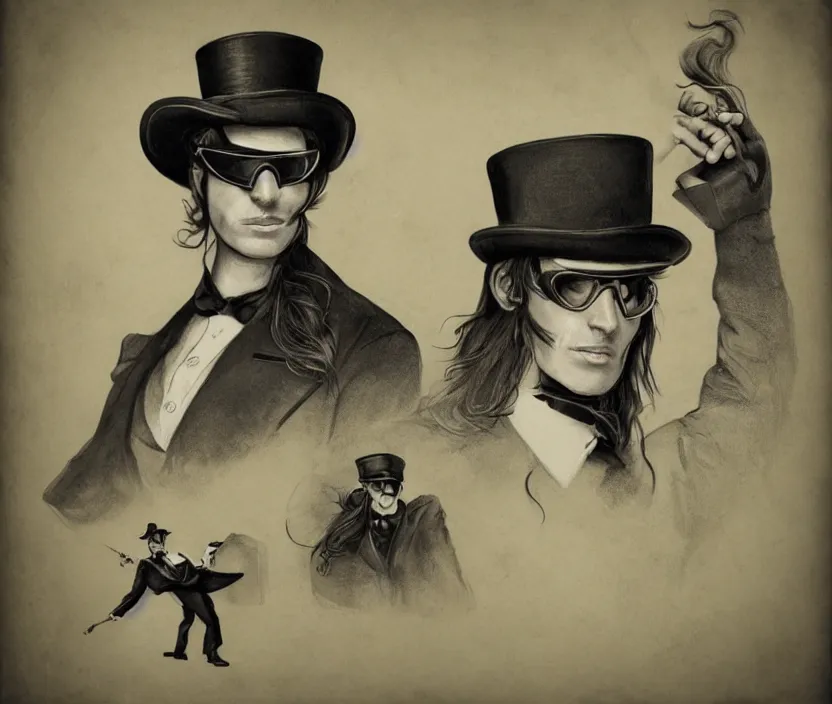 Prompt: The head and upper body of a man with dark medium length longish hair and a middle part, while wearing a top hat and goggles, steampunk, very nostalgic, very melancholic, dramatic angle, rotoscoped, rotoscope, photoshop, photomanipulation, realism, painting, illustration and sketch, weird scribbles, hybrid styles, hybrid art styles, mismatched, trending on artstation, trending on deviantart, weird, quirky, interesting, very detailed, highly detailed, HD Quality, 4k resolution, 8k resolution, in the style of David Firth, in the style of James Lee, in the style of Drue Langlois,