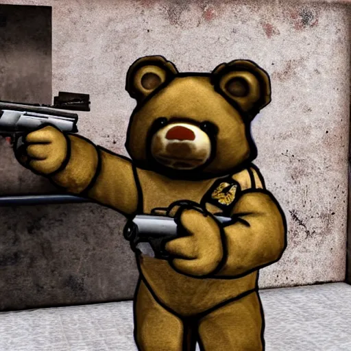 Image similar to a screenshot of a teddy bear inside a counter strike game, the teddy bear is holding a gun