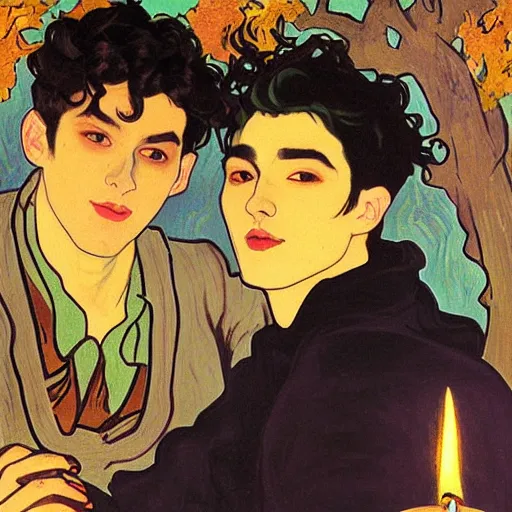 Image similar to painting of young cute handsome beautiful dark medium wavy hair man in his 2 0 s named shadow taehyung and cute handsome beautiful min - jun together at the halloween party, bubbling cauldron, candles, smoke, tarot, autumn colors, elegant, stylized, soft facial features, delicate facial features, art by alphonse mucha, vincent van gogh, egon schiele