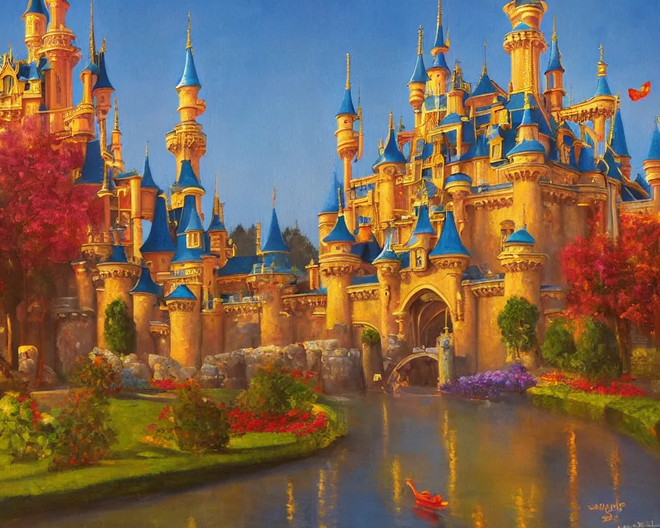 Prompt: an achingly beautiful oil painting of Disneyland Paris's vibrant castle by Raphael and Hopper.