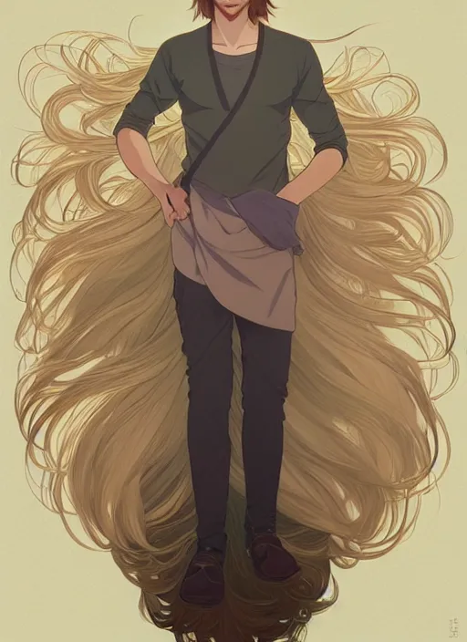 Image similar to pretty young man with shoulder length shiny shimmering golden blond hair, half body shot, path traced, highly detailed, high quality, digital painting, by studio ghibli and alphonse mucha, leesha hannigan, hidari, disney